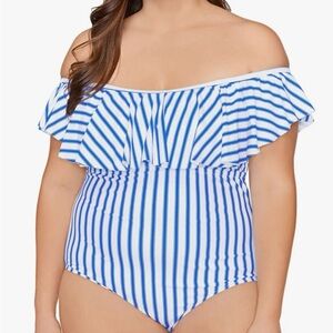 Raisins Blue and White One Piece Swimsuit with Ruffled Overlay